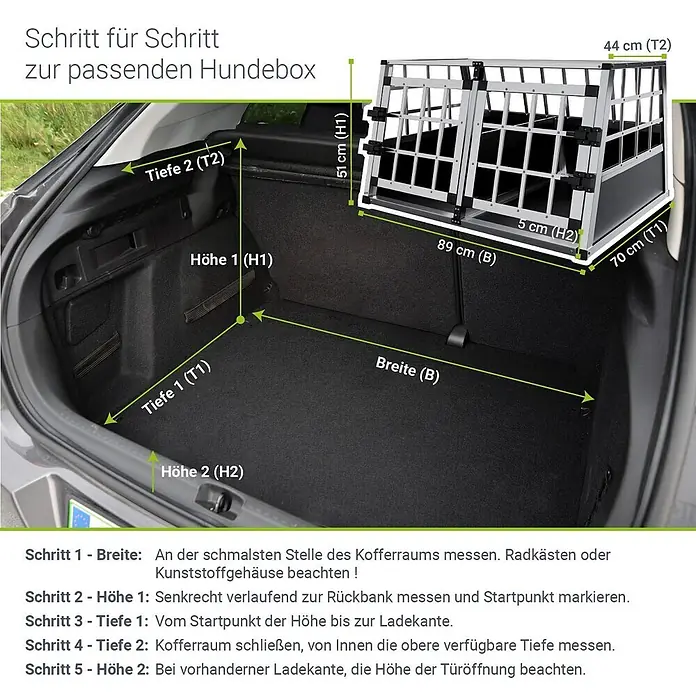 Juskys Transportbox - 51 x 89 x 70 cm, Aluminium, Schwarz / Silber - Anleitung zur Vermessung eines Kofferraums für eine Hundebox. Eine grau-schwarze Hundebox ist mit Maßen dargestellt.