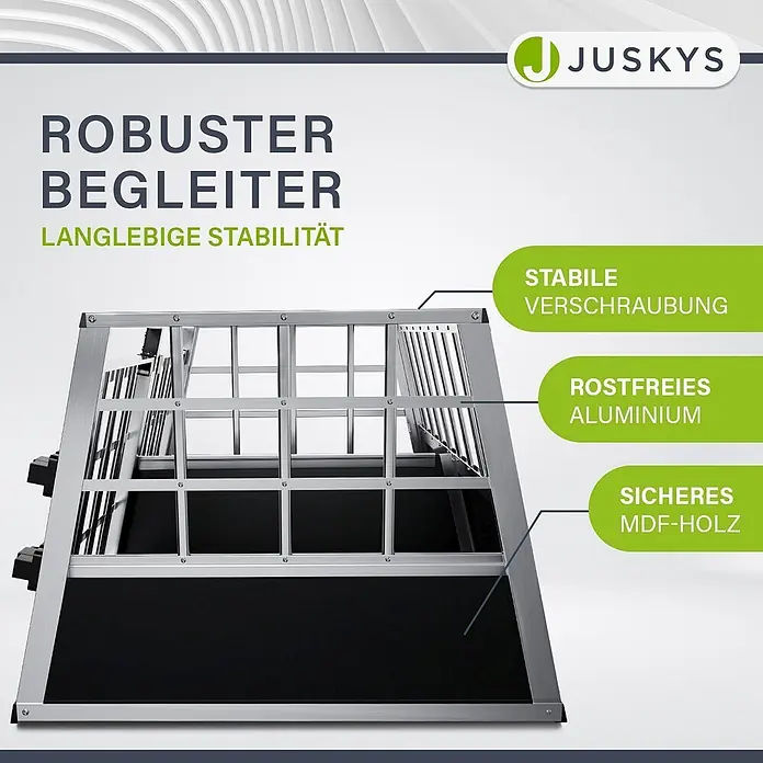 Juskys Transportbox - 51 x 89 x 70 cm, Aluminium, Schwarz / Silber - Silberne Aluminium-Hundebox mit schwarzen MDF-Platten, Belüftungsstäben und stabiler Konstruktion.