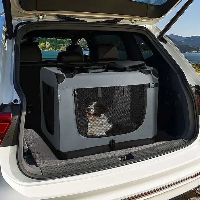 Juskys Transporttasche - 81 x 56 x 58 cm, Textil, Grau - Graue, weiche Hundebox mit Hund im geöffneten Kofferraum eines weißen Autos, mit Blick auf See und Berge.