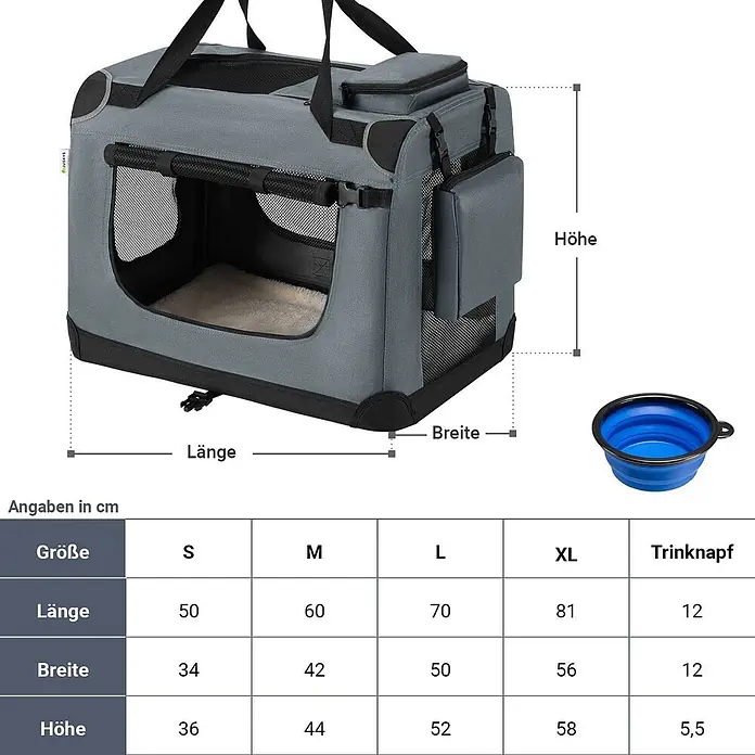 Juskys Transporttasche - 81 x 56 x 58 cm, Textil, Grau - Graue faltbare Hundebox mit Netzfenstern, weichem Kissen, Tragegriffen und blauer Faltschüssel. Maße sind in einer Größentabelle dargestellt.