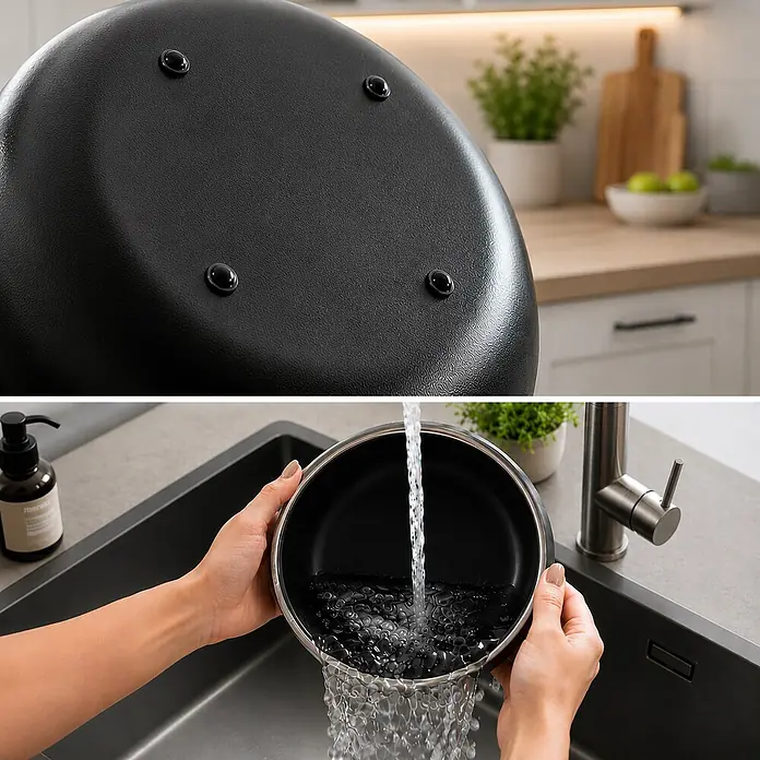 belviona Futternapf - 13 x 13 x 4,4 cm, Edelstahl, Fassungsvermögen: 360 ml - Schwarzer Topf mit strukturiertem Boden wird in einer modernen Küchenspüle gespült.