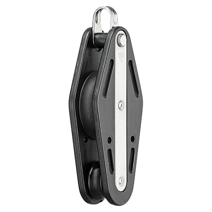 Sprenger Violinblock - 12 mm, Gleitlager, Mit Bügel, Arbeitslast: 250 kg - Ein schwarzer Segelblock mit einem Metallschnapper oben und einem silbernen Streifen an der Seite für Segelboote und Yachten.