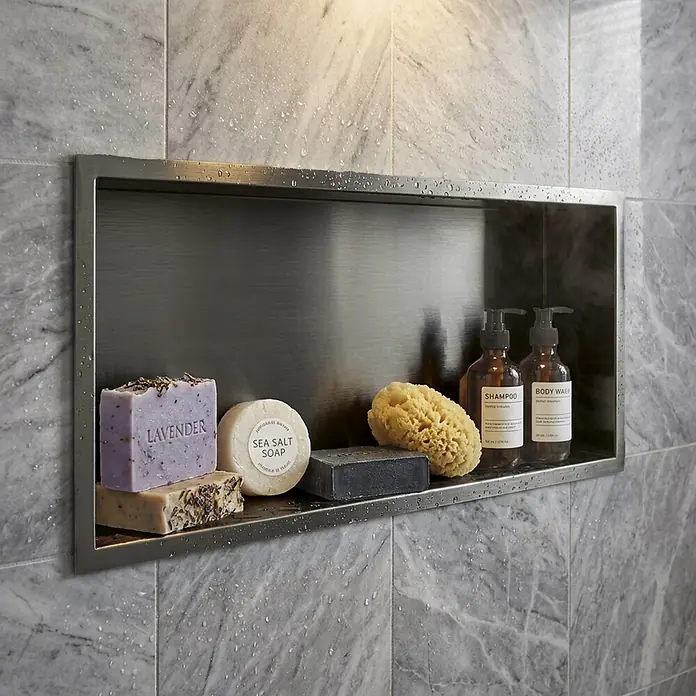 GME Hornacina - An x Al: 60 x 30 cm, Titanio, Acero inoxidable - Nicho de ducha empotrado de metal cepillado en pared alicatada, con jabones, esponja y botellas.