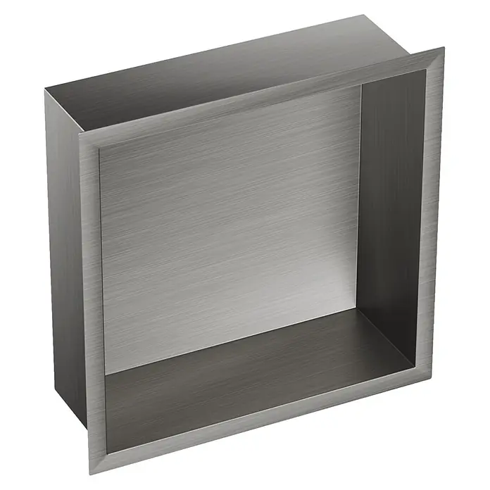 GME Hornacina - An x Al: 30 x 30 cm, Titanio, Acero inoxidable - Nicho de ducha empotrado de metal cepillado, una elegante solución de almacenamiento rectangular gris.