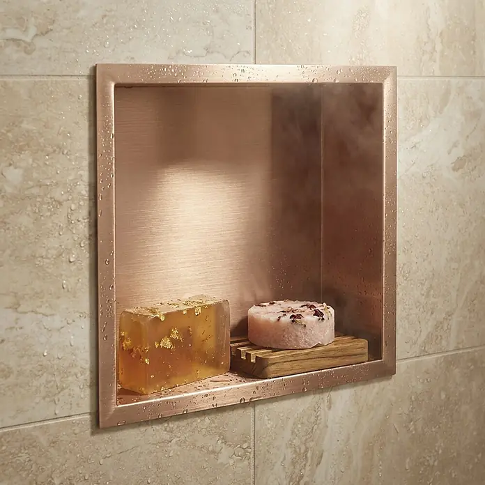 GME Hornacina - An x Al: 30 x 30 cm, Cobre, Acero inoxidable - Nicho de ducha empotrado de oro rosa cepillado con gotas de agua, contiene dos jabones y una jabonera de madera en ducha alicatada.