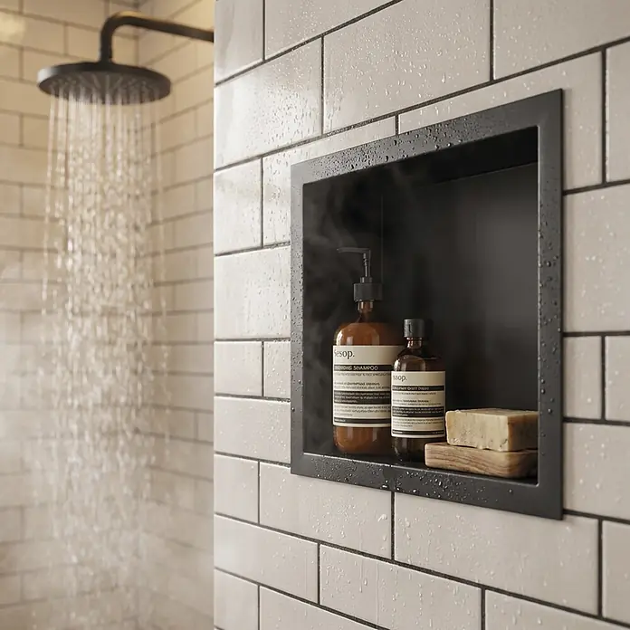 GME Hornacina - An x Al: 30 x 30 cm, Negro, Acero inoxidable - Nicho de ducha empotrado oscuro con botellas y jabón Aesop, rodeado de vapor y gotas de agua en una ducha funcionando.