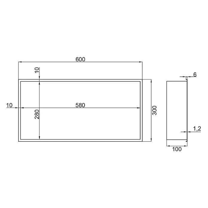 GME Hornacina - An x Al: 60 x 30 cm, Titanio, Acero inoxidable - Dibujo técnico de un componente rectangular. Exterior: 600x300x100 mm. Interior: 580x280 mm. Con un labio superior de 6mm.