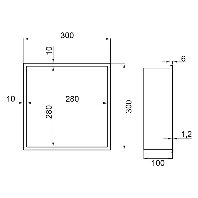 GME Hornacina - An x Al: 30 x 30 cm, Titanio, Acero inoxidable - Dibujo técnico de un marco o caja cuadrada, con vistas frontal y lateral, dimensiones externas 300x300x100mm e internas 280x280mm.