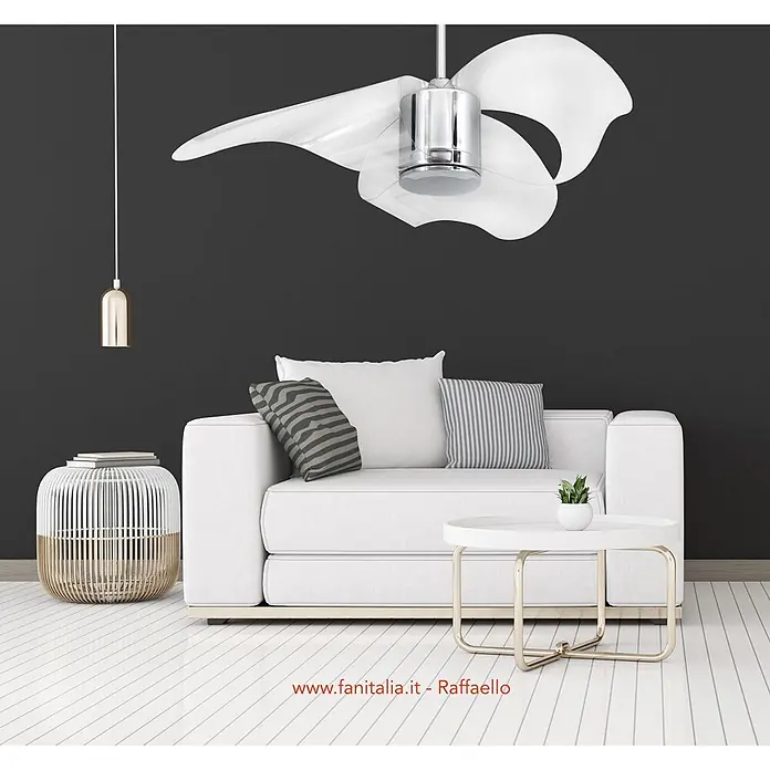 Vam Deckenventilator Vam DC Deckenventilator Raffaello chrom transparent 112 cm - Chrom - Transparent, 1.120 mm, 42 W - Weißer Deckenventilator mit transparenten Flügeln und Chrommotor in modernem Wohnzimmer.