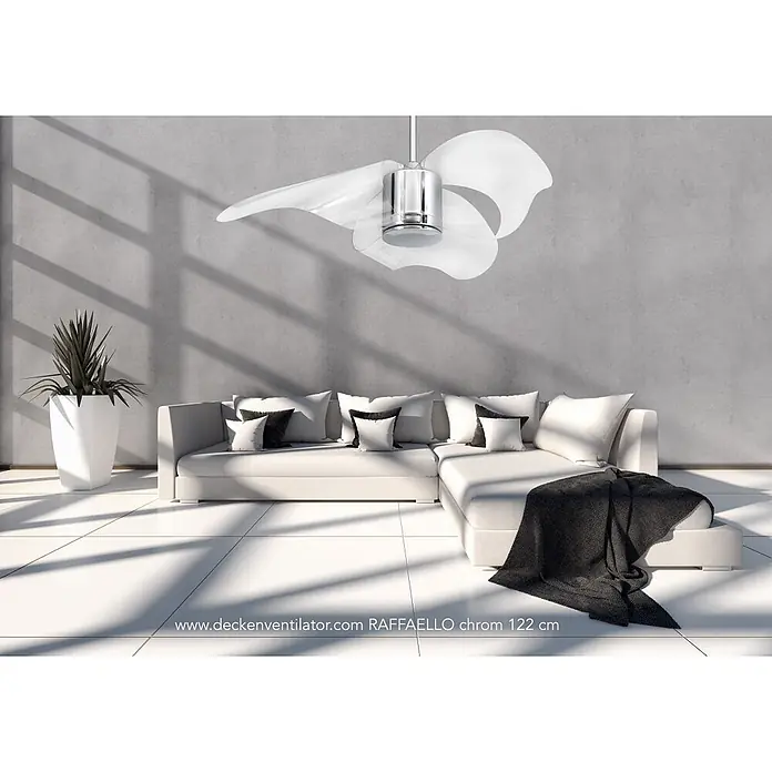 Vam Deckenventilator Vam DC Deckenventilator Raffaello chrom transparent 112 cm - Chrom - Transparent, 1.120 mm, 42 W - Weißer Deckenventilator mit eleganten Wellenflügeln und Chrommotor, in modernem Wohnzimmer.