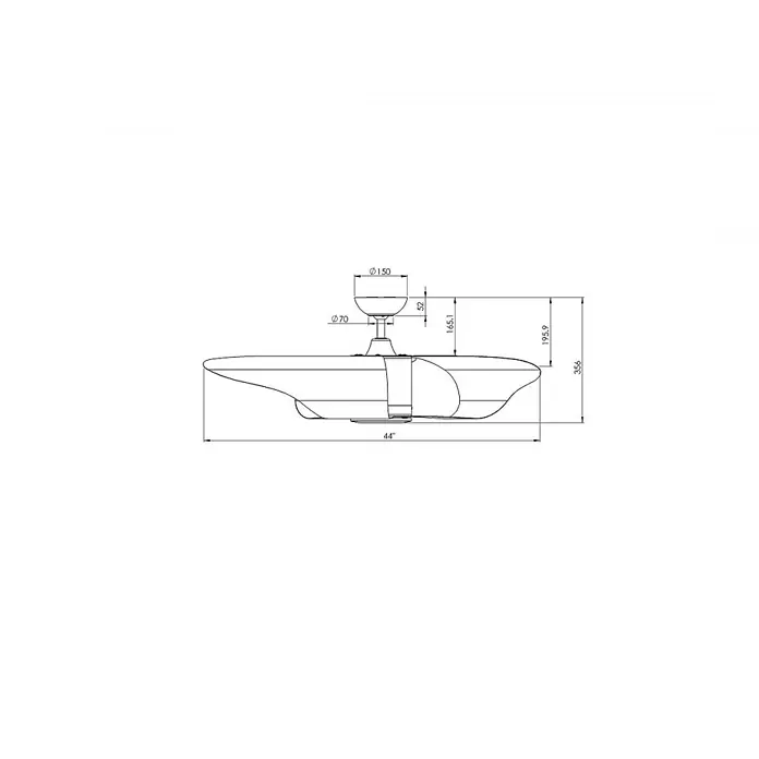 Vam Deckenventilator Vam DC Deckenventilator Raffaello chrom transparent 112 cm - Chrom - Transparent, 1.120 mm, 42 W - Technische Zeichnung eines Deckenventilators mit Maßen, die seine Gesamtgröße und Montagedetails zeigt.