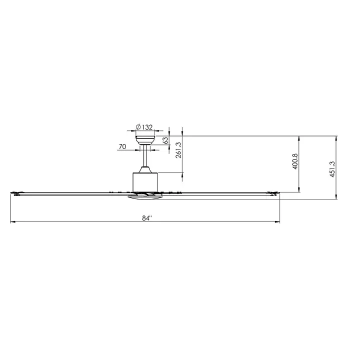 Vam Deckenventilator THE BIG 210 weiß - Nickel matt, 2.130 mm, 47 W - Seitenansicht-Maßzeichnung eines Deckenventilators mit verschiedenen Höhen- und Breitenmaßen.