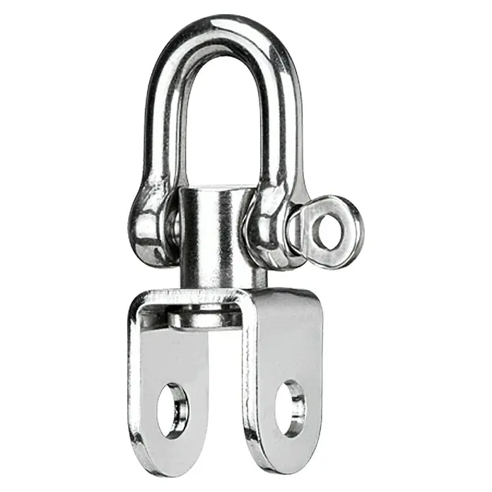 Sprenger Wirbelschäkel - Schotstärke: 12 mm, Edelstahl - Ein silberfarbener, drehbarer Schäkel, ein robustes Verbindungselement für verschiedene Anwendungen, ideal für den Einsatz im Freien und im Schiffbau.