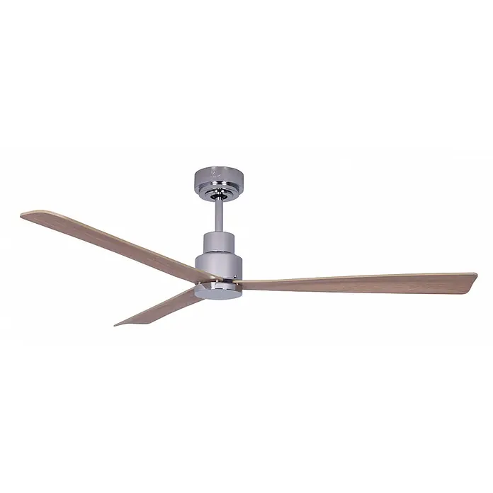 Vam Deckenventilator Vam DC Deckenventilator MYNG Chrom 132 cm - Chrom mit hellen Naturholzflügeln, 1.320 mm, 36 W - Moderner Deckenventilator mit drei hellen Holzflügeln und einem silber-chromfarbenen Motorgehäuse.