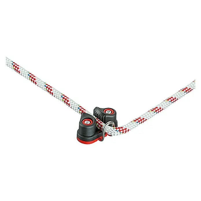 Sprenger Schotklemme - Schotstärke: 8 mm - 13 mm, Führung vor der Klemme, Gleitlager - Detailansicht eines Seilstopper, der ein mehrfarbiges Seil fixiert, ideal für Segelboote und maritime Anwendungen.