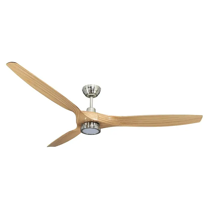 Vam Deckenventilator Outdoor DC Deckenventilator LINES LED Nickel 153 cm - Nickel gebürstet, 1.530 mm, 37 W - Dreiflügeliger Deckenventilator mit gebogenen hellen Holzflügeln und einem Gehäuse aus gebürstetem Metall, inklusive integriertem LED-Licht.