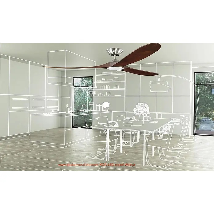 Vam Deckenventilator Vam DC Deckenventilator KOA LED schwarz 178 cm - Naturholz braun, 1.780 mm, 27 W - Ein Deckenventilator aus Nickel und Walnuss mit drei Flügeln, montiert in einer modernen Küche-Esszimmer.
