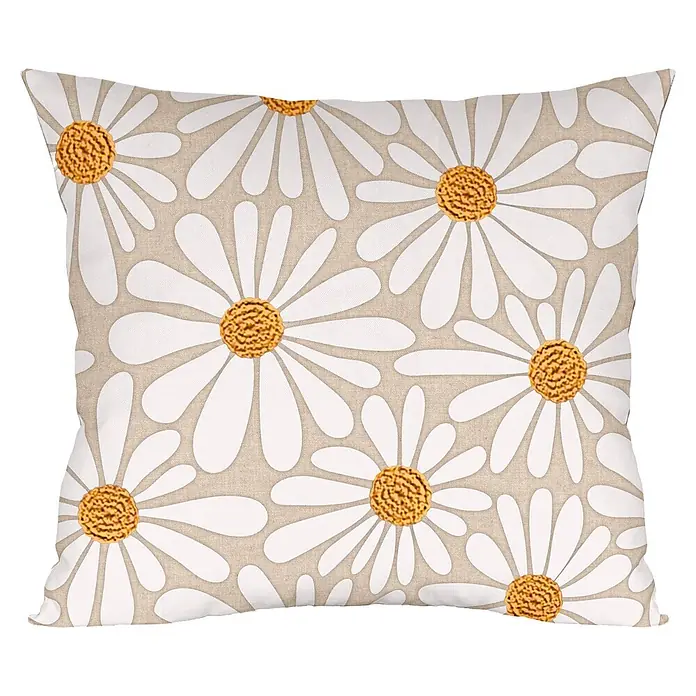 Cojín Margarita - Natural/Mostaza, 45 x 45 cm, 1 ud. - Cojín decorativo cuadrado con patrón de margaritas blancas sobre tela beige texturizada. Centros amarillo dorado.