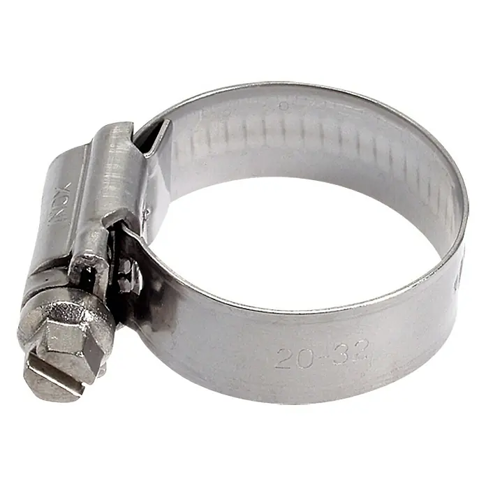 Schlauchschelle - Spannbereich: 50 mm - 70 mm, Edelstahl, A4 - Nahaufnahme einer silberfarbenen Schlauchschelle mit Schraubmechanismus zur Befestigung von Schläuchen und Rohren.