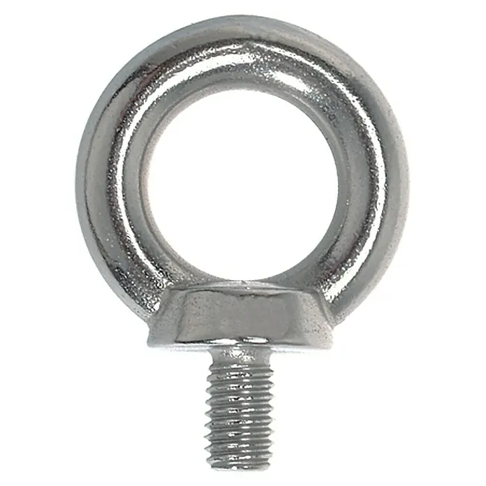 Marinetech Ringschraube - M 10, Innendurchmesser: 25 mm, Edelstahl, Silber - Nahaufnahme eines glänzenden, silberfarbenen Ringschraube mit Gewinde, ideal für Hebe- und Befestigungsanwendungen.