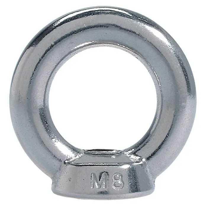 Marinetech Ringmutter - M 8, Innendurchmesser: 20 mm, Edelstahl, Silber - Nahaufnahme eines glänzenden, silberfarbenen M8-Rings aus Metall, der für industrielle Anwendungen geeignet ist.