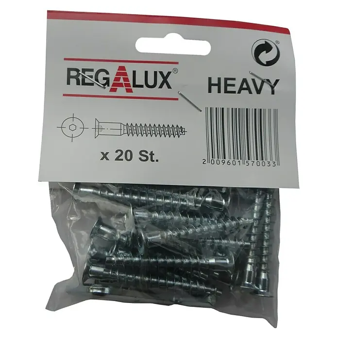 Regalux Regalsystem Heavy Montageschrauben - 20 Stk. - Regalux Schwerlastschrauben Packung mit 20 Stück, ideal für schwere Lasten und sichere Befestigung.