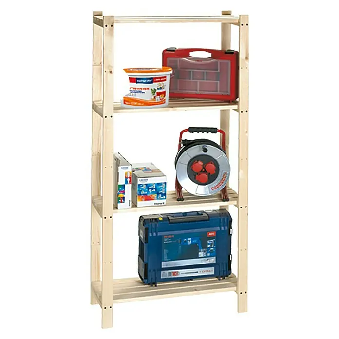 Regalux Regalsystem Heavy Holzregal - H x B x T: 170 x 75 x 30 cm, Traglast pro Boden: 35 kg, Anzahl Böden: 4 Stk., Schrauben, Natur - Dieses Bild zeigt ein helles Holzregal, das mit verschiedenen Werkzeugen und Zubehör gefüllt ist, darunter ein Werkzeugkasten, ein Kabeleinzug und Farbbehälter.