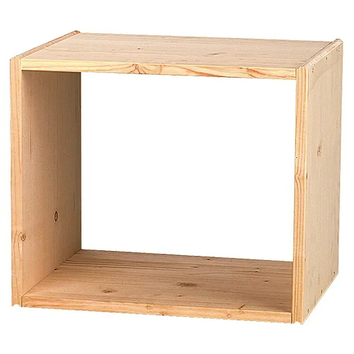 Regalux Regalwürfel - 45,6 x 35 x 39 cm, Nadelholz - Ansicht eines hölzernen Aufbewahrungswürfels, der Stauraum bietet und sich ideal für die Organisation von Gegenständen eignet.