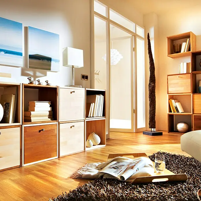 Regalux Regaltür & Rückwand-Set - 41,5 x 34,5 cm, Nadelholz - Elegantes Wohnzimmer mit modularen Holzregalen, die Stauraum und Ausstellungsfläche bieten. Ein moderner Raum mit stilvollem Design und warmem Ambiente.