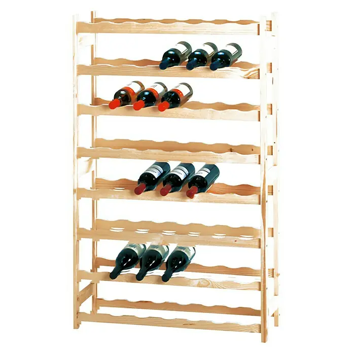 Regalux Regalsystem Heavy Flaschenregal - Anzahl Flaschen: 56 Stk. - Das Bild zeigt ein hölzernes Weinregal, das mit mehreren Flaschen Wein gefüllt ist. Das Regal ist naturbelassen und bietet Platz für zahlreiche Flaschen.