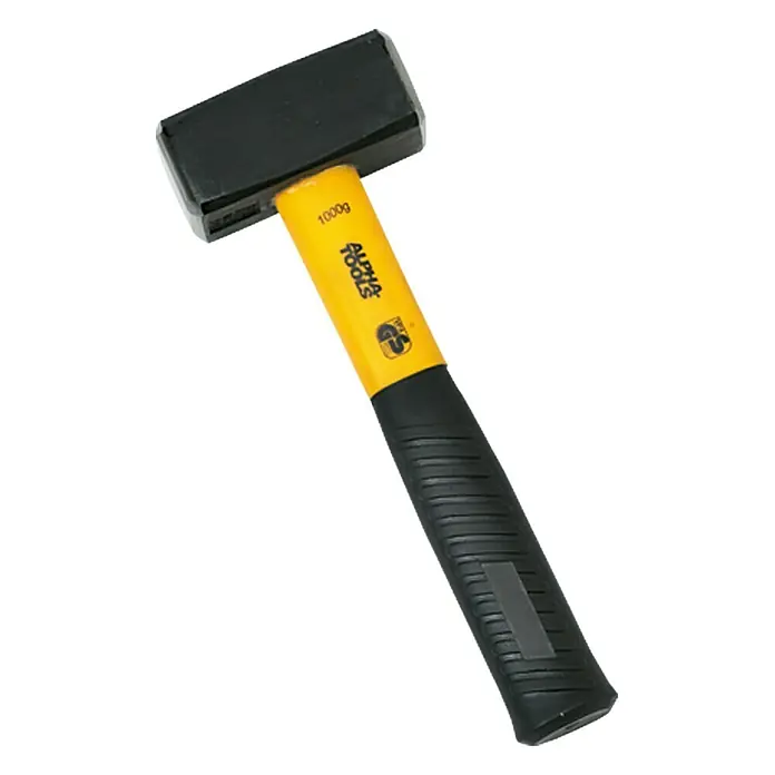 Wisent Mazo - 1.000 g, Acero, Mango de fibra - Primer plano de un mazo de cara blanda Alpha Tools con cabeza negra y mango amarillo y negro.