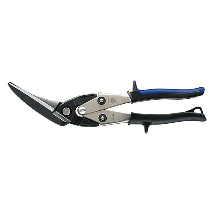 Wisent Universal-Longstyle Schere - Schnittlänge: 64 mm, Materialstärke: 1,2 mm - Eine Blechschere mit blau-schwarzen Griffen und schwarzen Schneiden. Das Werkzeug ist für präzise Schnitte in Metall ausgelegt.