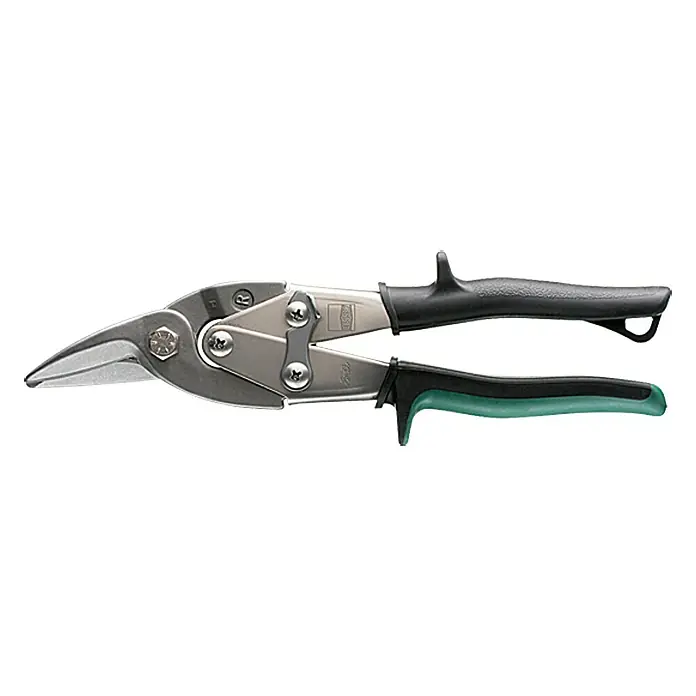 Wisent Tijeras para chapa - Largo: 240 mm, Acero, Derecha - La imagen muestra tijeras de corte de metal con mangos verdes y negros y hojas de color plata, diseñadas para un corte preciso.