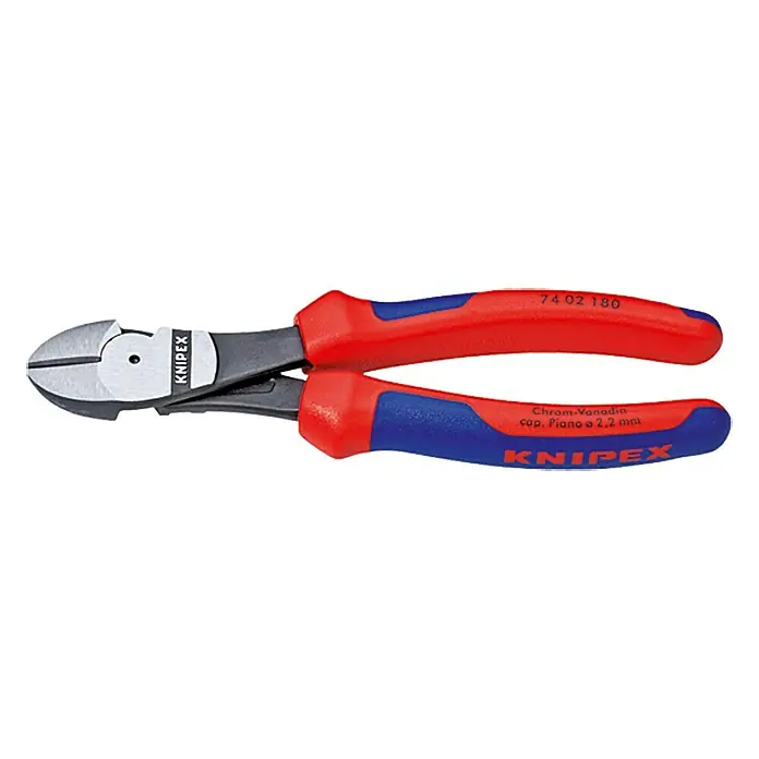 Knipex Alicate de corte diagonal - Largo: 18 cm, Pulido - Alicate de corte lateral Knipex 74 02 180 con mangos azul y rojo. Una herramienta robusta para cortes precisos.