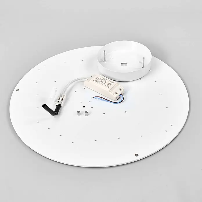 Lindby LED Deckenlampe in weiß, Deckenleuchte rund -  - Innenansicht einer runden weißen LED-Deckenleuchte mit Treiber, Montagehalterung und Verkabelung.