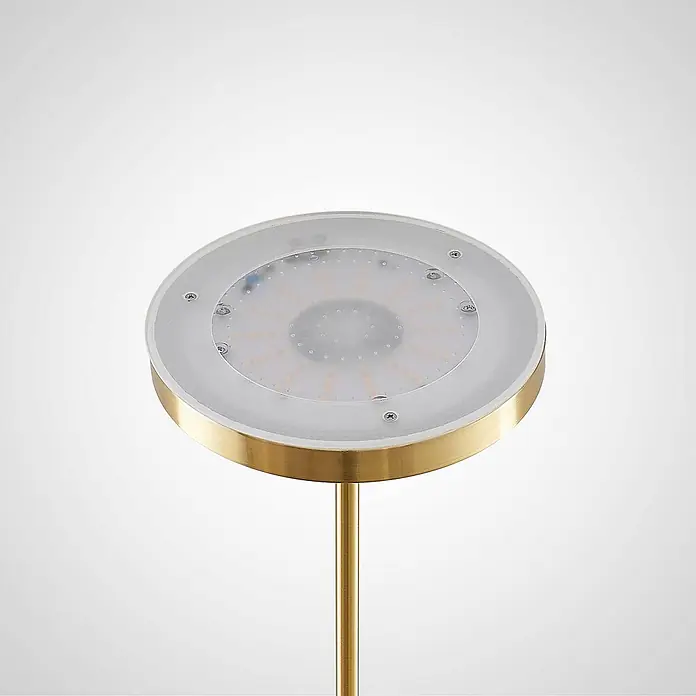 Lindby LED-Deckenfluter Seppa - messing / gold, messing / gold, Warmweiß - Runder LED-Lampenkopf mit Messingrand und klarer Abdeckung auf Messingstange.