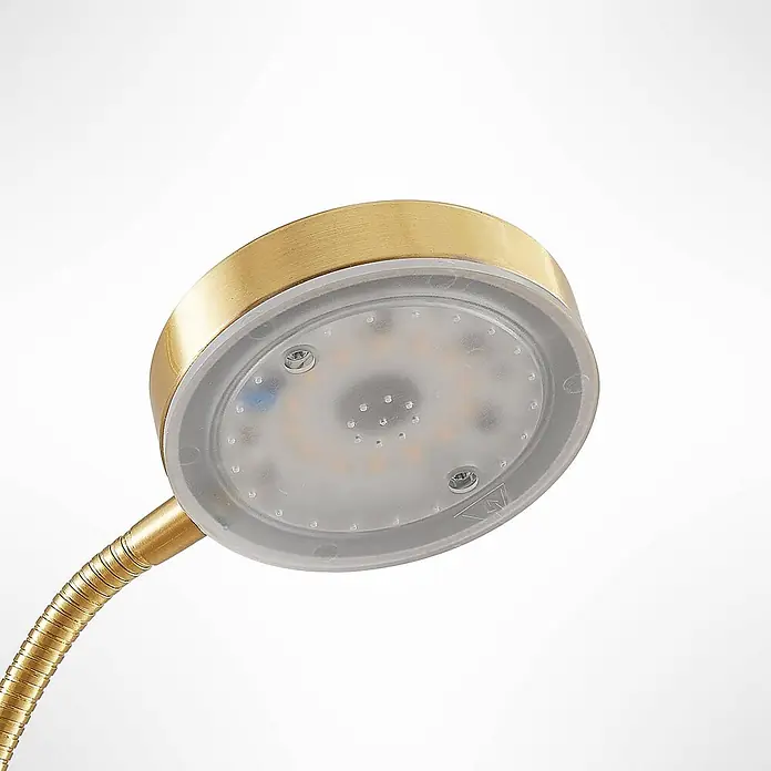 Lindby LED-Deckenfluter Seppa - messing / gold, messing / gold, Warmweiß - Nahaufnahme eines goldfarbenen LED-Lampenkopfs aus Messing mit flexiblem Schwanenhals und matter Abdeckung.