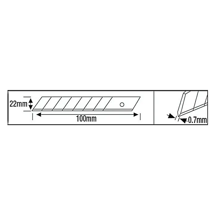 Wisent Cuttermesser MA 100 - Klingenbreite: 22 mm, Klingenstärke: 0,7 mm - Abbildung eines Abbrechklingen-Messers mit den Maßen 100 mm Länge, 22 mm Breite und 0,7 mm Dicke.