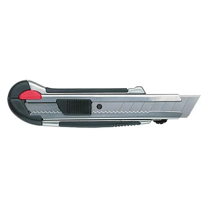 Wisent Cuttermesser MA 100 - Klingenbreite: 22 mm, Klingenstärke: 0,7 mm - Nahaufnahme eines silbernen Cuttermessers mit schwarzem Griff und rotem Knopf.