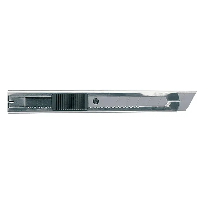 Wisent Cuttermesser MA 120 - Länge: 160 mm, Aluminium, Grau - Nahaufnahme eines silberfarbenen Abbrechmessers mit schwarzem Schieber und scharfer Klinge.