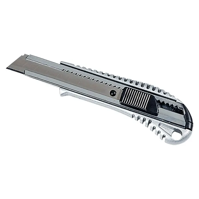 Wisent Cuttermesser MA 110 - Klingenbreite: 18 mm, Klingenstärke: 0,4 mm - Silbernes Cuttermesser mit scharfer Klinge und schwarzem Schiebeknopf für präzise Schnitte.
