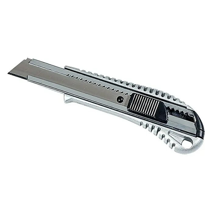 Wisent Cuttermesser MA 110 - Klingenbreite: 18 mm, Klingenstärke: 0,4 mm - Silbernes Cuttermesser mit scharfer Klinge und schwarzem Schiebeknopf für präzise Schnitte.
