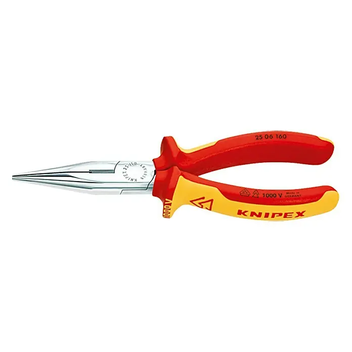 Knipex Alicates de boca redonda y plana - Largo: 16 cm, En punta - Alicates de punta Knipex 25 06 160, herramienta de alta calidad con mangos aislados para trabajos de precisión. Ideal para electrónica.