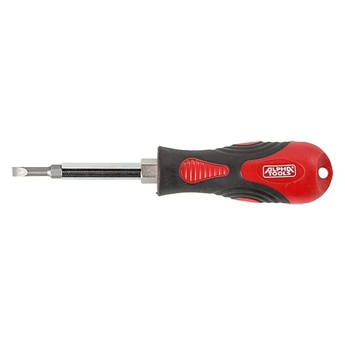 Alpha Tools Umsteckschraubendreher 4 in 1 - Farbe: Schwarz/Rot - Schraubendreher mit schwarzem und rotem Griff.