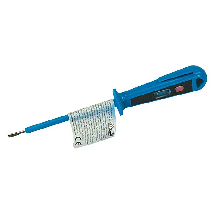 Pariere Euro-Spannungsprüfer - Klingenlänge: 60 mm - Ein blauer Spannungsprüfer mit Isolierung und CE-Kennzeichnung für sichere elektrische Arbeiten. Kompaktes Design für einfache Handhabung.