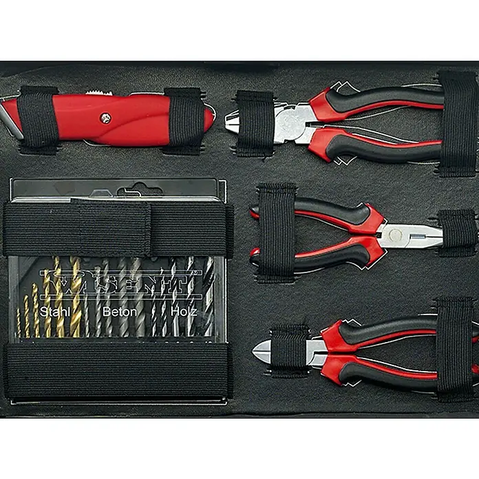 Wisent Werkzeugkoffer Basic - L x B x H: 365 x 265 x 170 mm, 91 -tlg. - Sortiment von Werkzeugen, inklusive Cutter, Zangen und Bohrern, sicher verstaut in einer Werkzeugkiste mit elastischen Bändern.