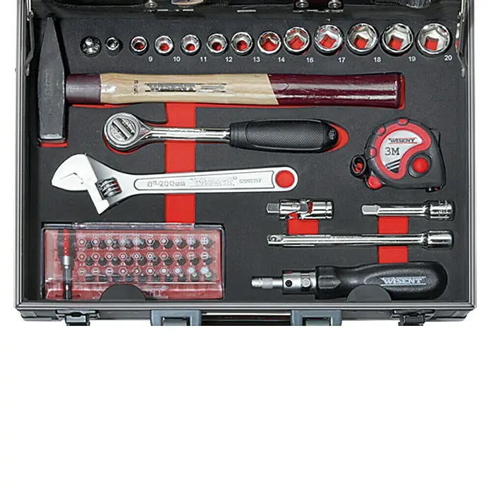 Wisent Werkzeugkoffer Basic - L x B x H: 365 x 265 x 170 mm, 91 -tlg. - Ein Werkzeugkasten mit verschiedenen Werkzeugen wie Hammer, Schraubenschlüssel, Schraubendreher, Messband und Steckschlüsselsatz.