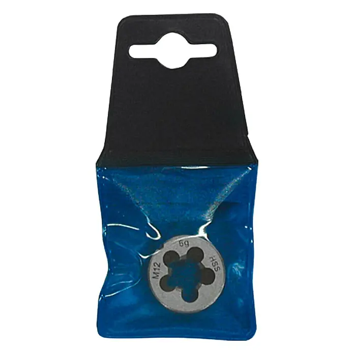 Wisent Schneideisen - M 4, HS-Stahl - Ein M12 Gewindeschneider, verpackt in einer blauen Plastikverpackung mit schwarzem Aufhänger zum Aufhängen im Geschäft.
