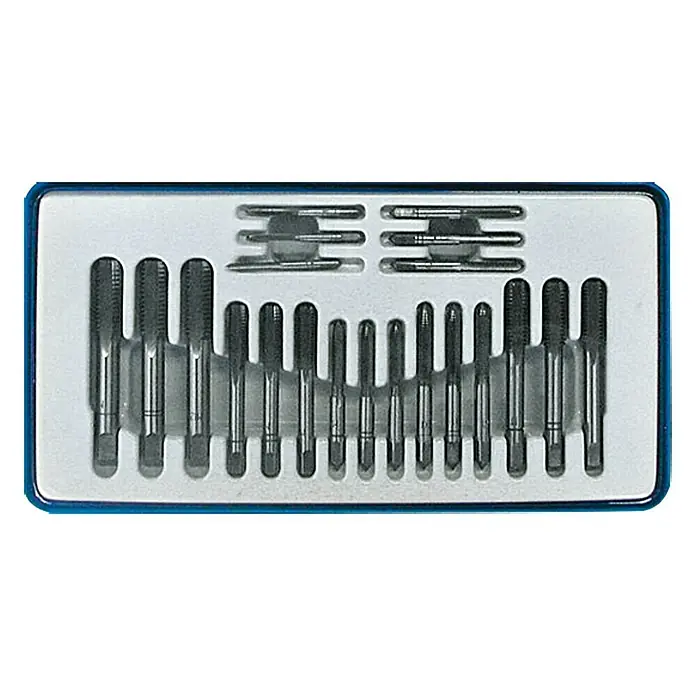 Pariere Gewindeschneidsatz - 21 -tlg., M3 - M12 - Ein Set mit Gewindebohrern in einer blauen Aufbewahrungsbox. Präzisionswerkzeuge für exakte Gewinde, ideal für Profis und Heimwerker.