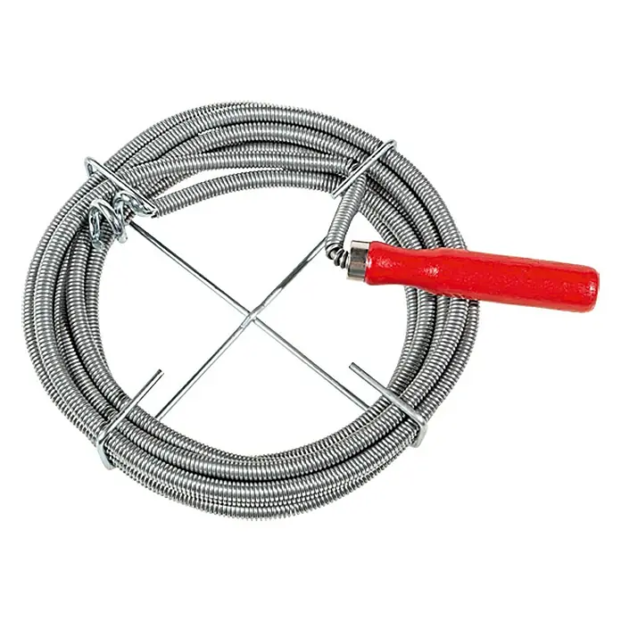 Alpha Tools Rohrreinigungsspirale - 5 m, Durchmesser: 9 mm - Dieses Bild zeigt eine Rohrreinigungsspirale mit einem roten Griff, die auf einem weißen Hintergrund liegt. Das Werkzeug ist für die Reinigung von Abflüssen gedacht.